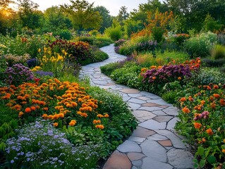 Fototapeta premium Enchanting secret garden oasis filled with vibrant fragrant blooms in warm hues and a meandering stone walkway winding through the lush verdant landscape