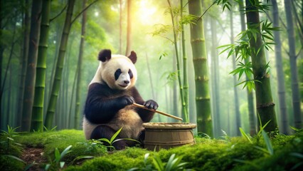 Obraz premium Tranquil forest scene with panda drumming on bamboo in soft light and lush greenery