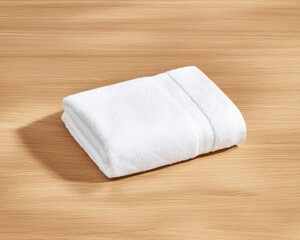 Perfectly Folded White Towel on Wooden Surface in Minimalist Interior with Natural Lighting