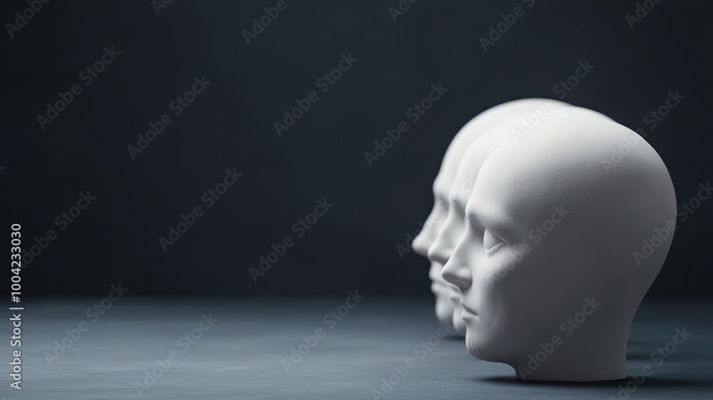 Poster three white mannequin heads in profile view, positioned sequentially on a dark background, creating 