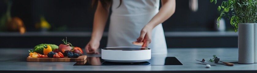 Fototapeta premium Woman cooking in kitchen with appliance