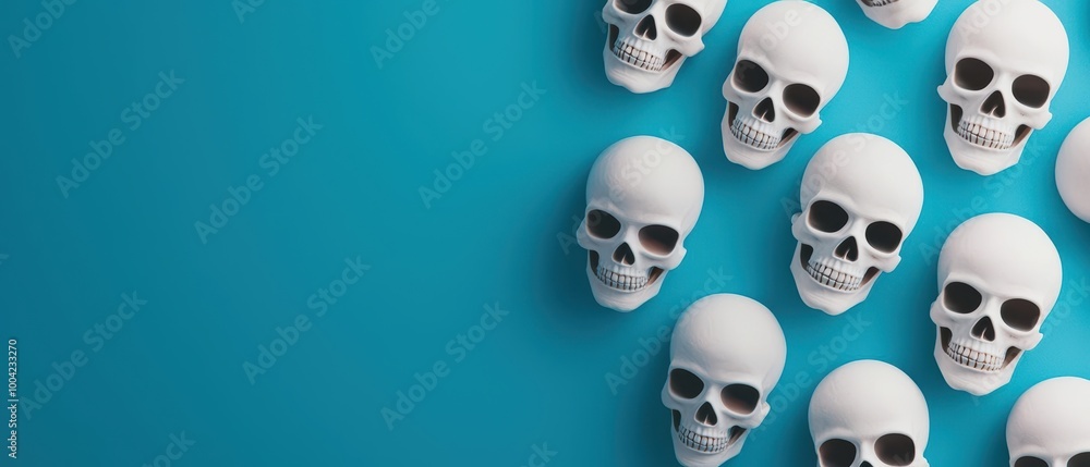 Poster a pattern of decorative white skulls arranged on a vibrant turquoise background, creating a striking