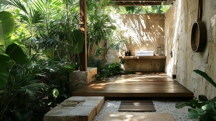 Tropical Garden Courtyard with Wooden Deck and Stone Wall.