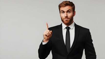 Businessman wear classic formal black suit shirt tie work in office point index finger aside on area isolated on plain grey background studio portrait. Copy space at his hand  for promotion and advert