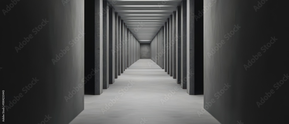 Poster a minimalist corridor featuring uniform columns and soft lighting, creating a tranquil, modern atmos