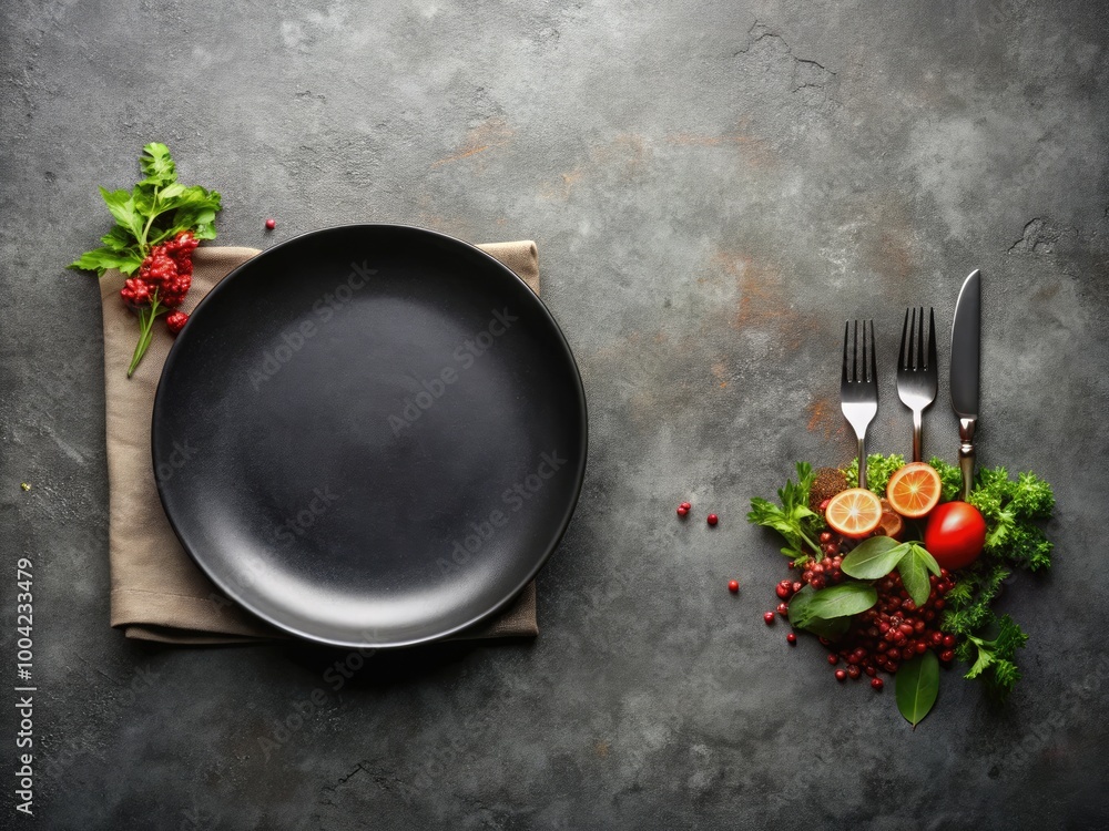 Poster black plate on gray stone table top view with empty space for menu or recipe presentation ideas