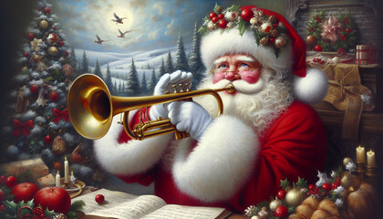 santa claus playing the trombone, oil painting