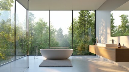 Modern Bathroom with Large Windows and a View of Nature.