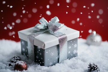 Elegant silver and white gift box with snowflake patterns, tied with a glittery ribbon, surrounded by falling snow and festive ornaments