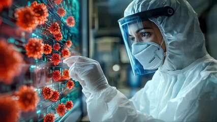 Healthcare worker in protective gear facing COVID-19 virus cells with determination, emphasizing pandemic response - Powered by Adobe
