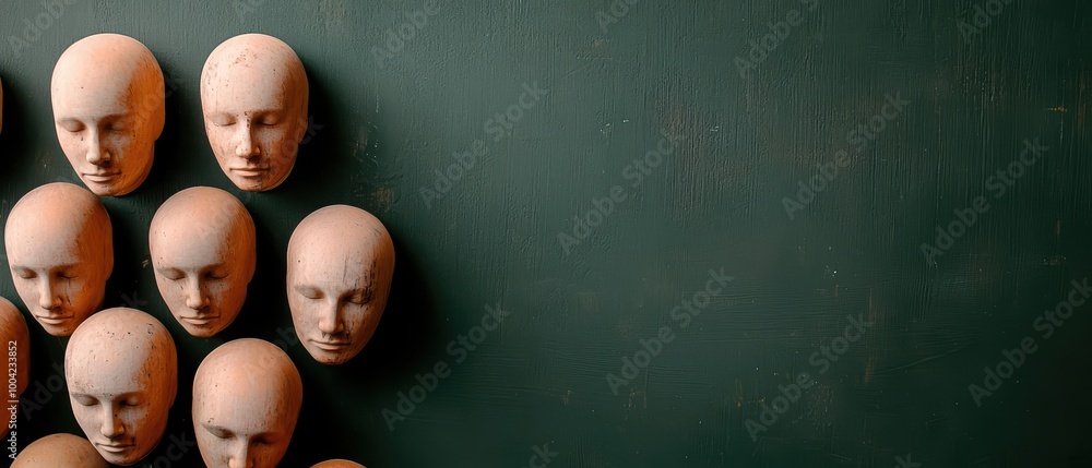 Poster a collection of identical, expressionless mannequin heads arranged on a dark surface, creating an ee