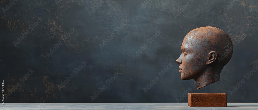 Poster a side profile of a sculpted head displayed on a simple base against a muted backdrop, evoking a con