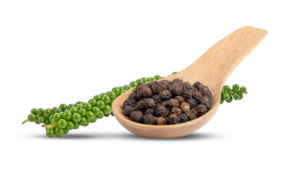 Green peppercorn and black pepper in spoon on transparent png