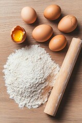 Rustic Flat Lay of Baking Ingredients Flour Eggs Rolling Pins on Wooden Surface