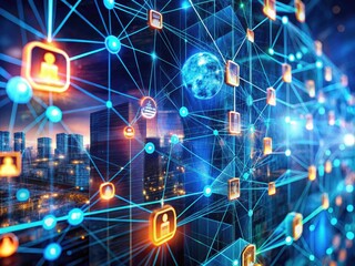 Obraz premium Blockchain Technology Concept Futuristic Networking Data Security Virtual Connectivity and Encryption
