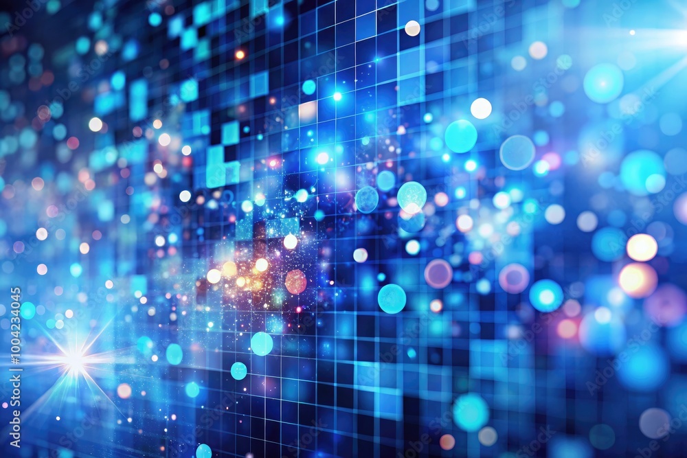 Poster blue abstract light technology background with pixelated pattern for digital design and innovation