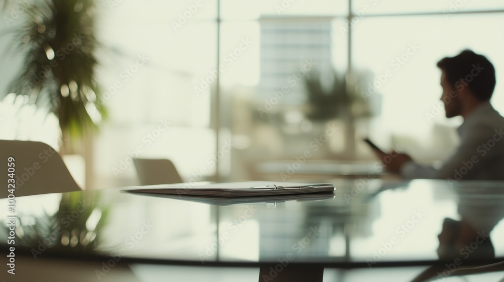Poster a modern office setting with a tablet on a table and a person using a phone in the background.