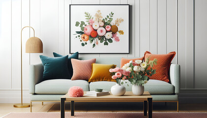 Stylish sofa setup with bold cushions and flowers