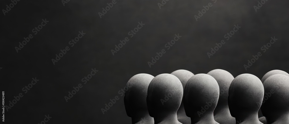 Poster A line of grey mannequin heads against a dark background, creating a minimalist and abstract visual effect.