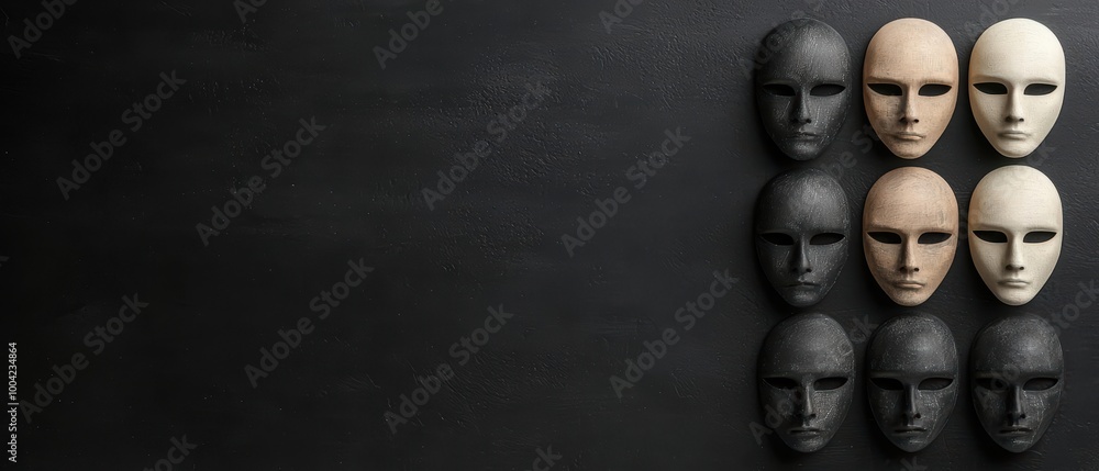 Poster a collection of artistic masks in various skin tones displayed against a black background, emphasizi