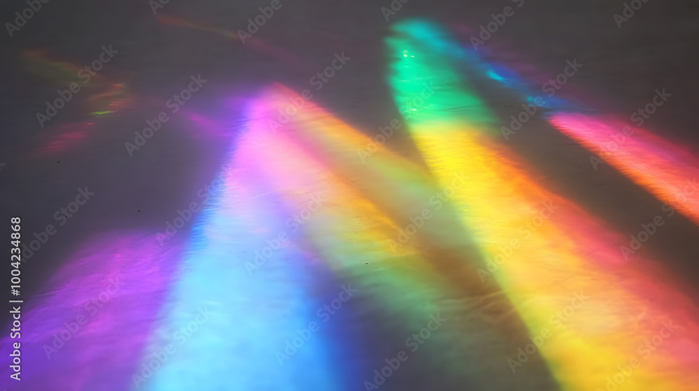 Poster a photograph of abstract rainbow light patterns cast on a plain background.