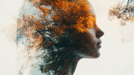 Double exposure combining a woman's profile with a forest scene. The woman's face is partially covered by the silhouettes of the trees.