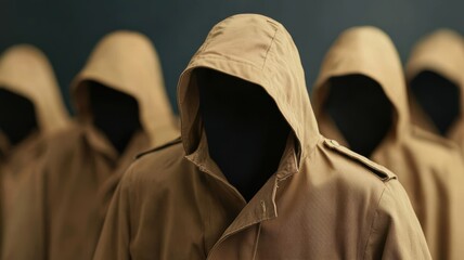 Cloaked figures in hooded jackets create an ominous atmosphere, conveying mystery and intrigue with dark silhouettes against a plain background.