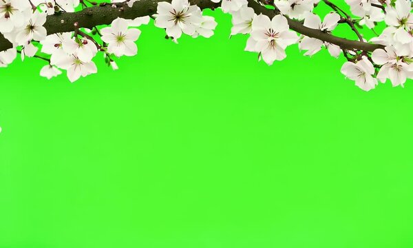 Soft pink cherry blossoms flutter in the breeze on branches, gently moving at the top of the video border set against a green background