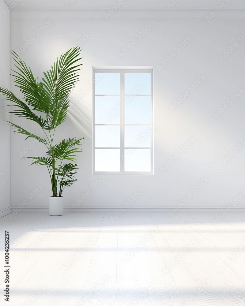 Poster serene minimalist room with soft natural light from large window in modern architecture