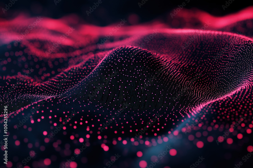 Poster dynamic waves of pink and blue particles create a mesmerizing digital landscape in the depths of cyb