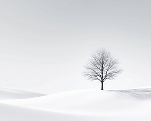 Fototapeta premium Serene Minimalist Landscape of a Lone Tree in a SnowCovered Field Emphasizing Quiet Isolation