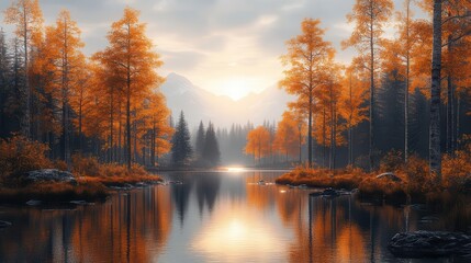 Fototapeta premium Autumn's Reflection: Golden Tranquility in the Wilderness