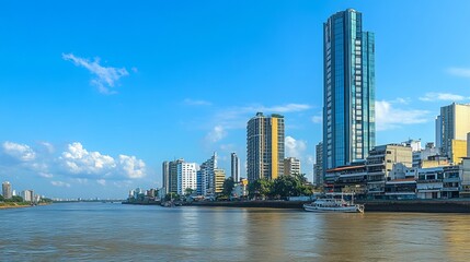Fototapeta premium Modern buildings and the Point Tower skyscraper and Guayas river in Guayaquil, Ecuador