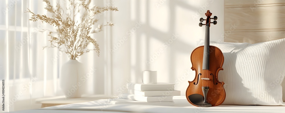 Poster serene 3d render of a softly lit room with a restful violin playing lullabies - create peaceful drea