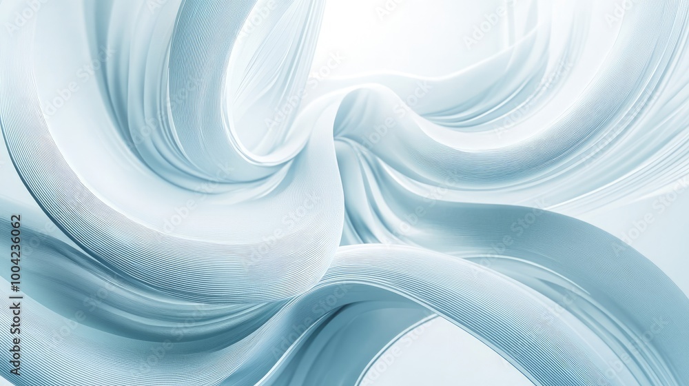 Poster mesmerizing swirling patterns of 3d technology trails form an abstract design on a white-light blue 