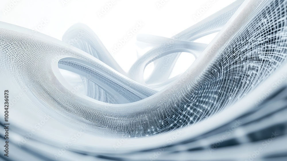 Poster mesmerizing swirling patterns of 3d technology trails form an abstract design on a white-light blue 