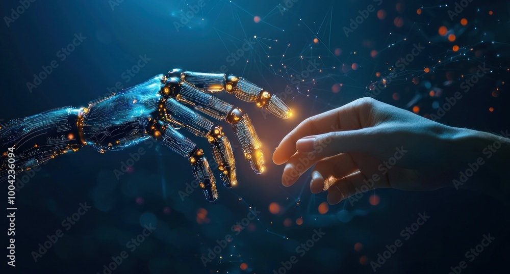 Aufkleber exploring the connection between humans and artificial intelligence in a futuristic setting