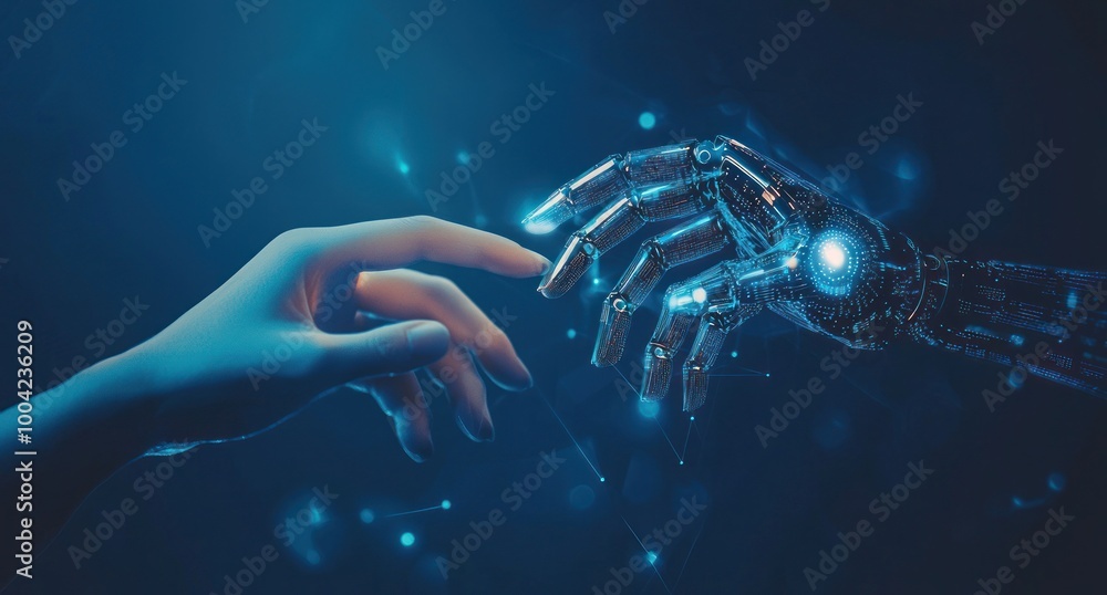 Aufkleber exploring the connection between humans and artificial intelligence in a futuristic setting