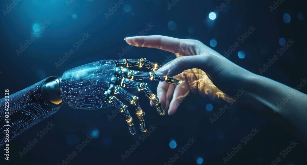Aufkleber exploring the connection between humans and artificial intelligence in a futuristic setting