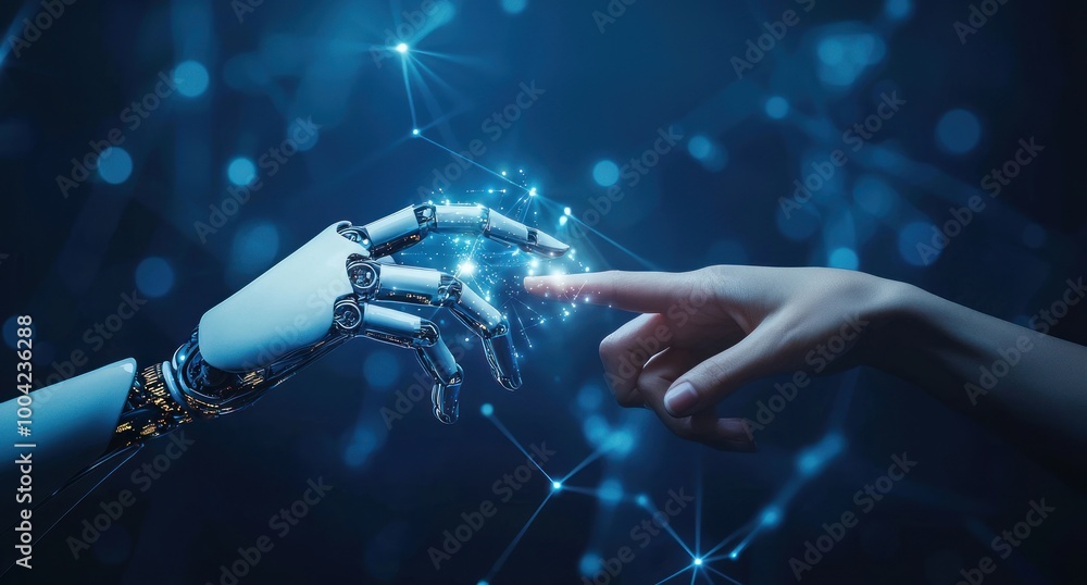 Aufkleber exploring the connection between humans and artificial intelligence in a futuristic setting