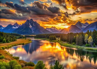 Obraz premium Breathtaking Sunset Glow Over Snake River at Oxbow Bend in Grand Teton National Park Wyoming