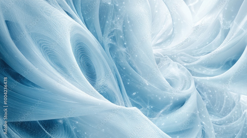 Poster swirling 3d technology trails create an intricate abstract pattern on a white-light blue backdrop, r