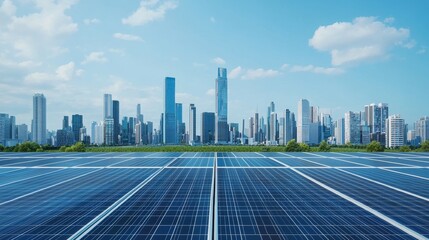 Fototapeta premium Solar panels reflecting sunlight with a city skyline under a clear blue sky.