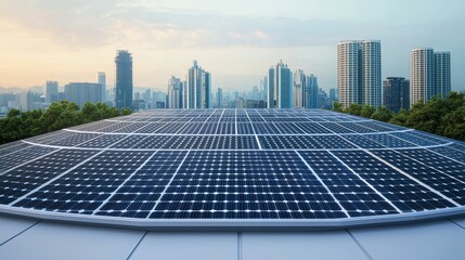 Solar panels on a rooftop with a city skyline in the background during sunrise.