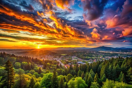 Breathtaking Sunset View of Eugene Oregon from Skinner Butte Lookout with Vibrant Colors and Clouds
