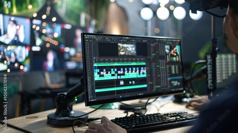 Poster modern video editing workspace with multiple screens