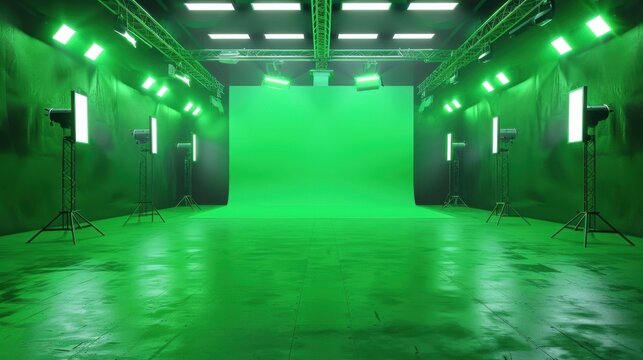 Green Screen Studio with Lighting Equipment Setup