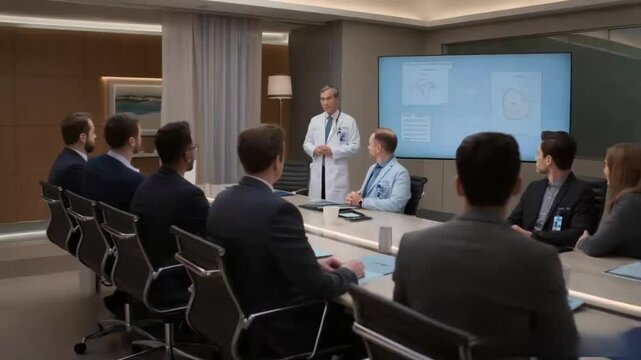 Computer screen, meeting and presentation with doctor team in hospital boardroom for coaching. Diagnosis, training and upskill with medicine professional talking for healthcare or medical workshop