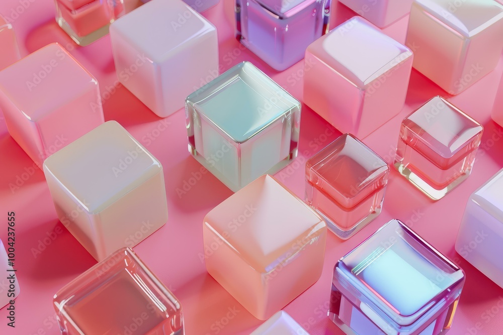 Poster rows of shiny pastel pink cubes of different opacity are forming an abstract geometric pattern