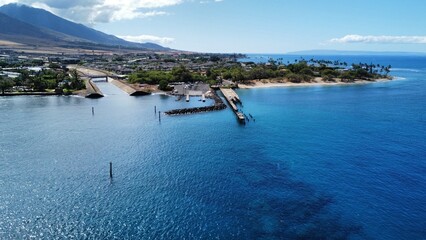 Drone photo of Mala wharf pier in lahaina, Maui